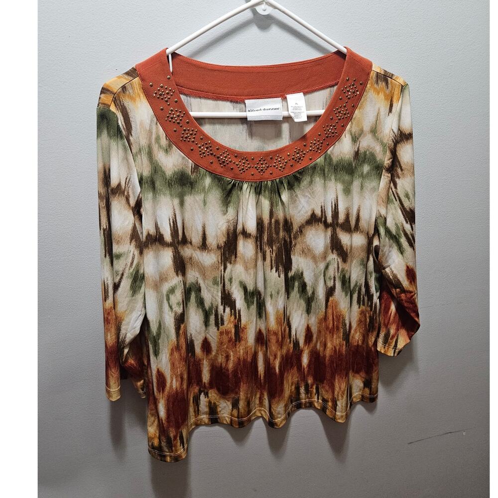Alfred Dunner Petite L Rust Studded Abstract Print Blouse PL